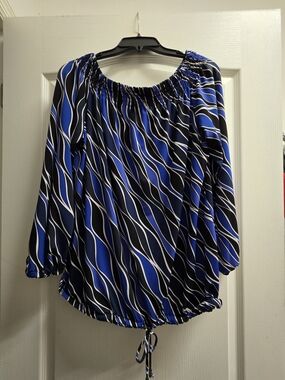 MICHAEL Michael Kors Blue, Black and White Wave-Print Off-Shoulder Blouse